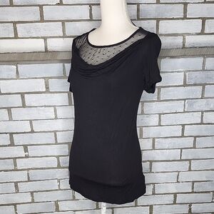 George Women's Short Sleeve Cowlneck Black Mesh Pokla Dot Detail Blouse Small
